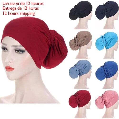 Solid Color Bandage Easy Cap Jersey Hijabs for Long Hair Women Elastic Soft Headband Turban Chemo Hat Muslim Fashion Accessories