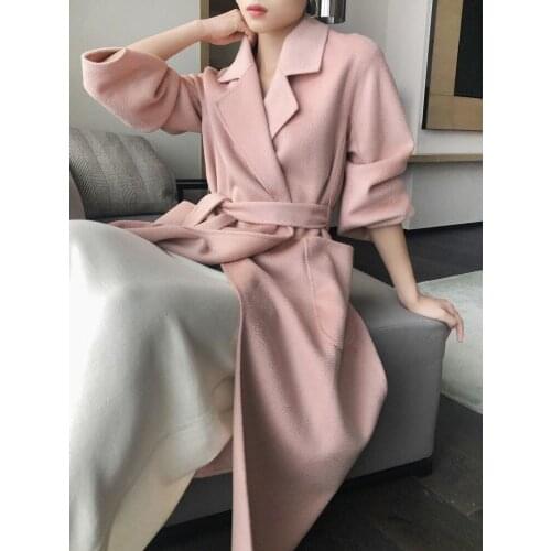 High end wavy cashmere coat womens middle and long knee length double-sided wool tweed coat womens new 2021