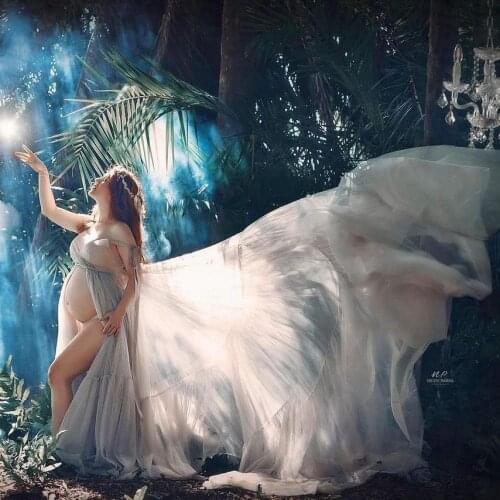 See Thru Gray Tulle Long Train A-line Pregnant Women Dress Long Robes Sexy Backless Ruffles Maternity Gowns Photography