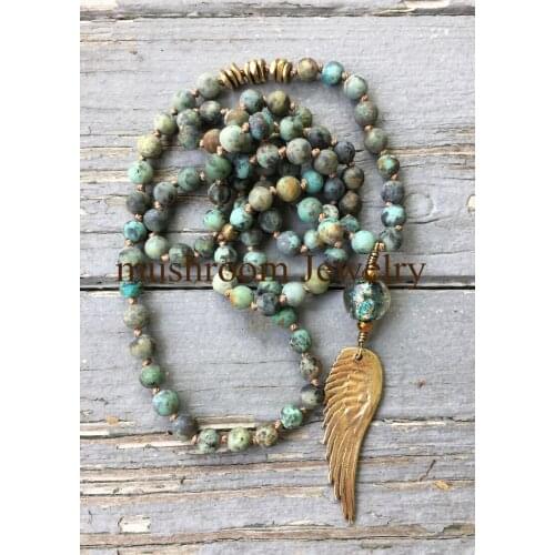 Hand Made Knot african Turquoise Stone Beaded Necklace Angle Wing Charm Necklace