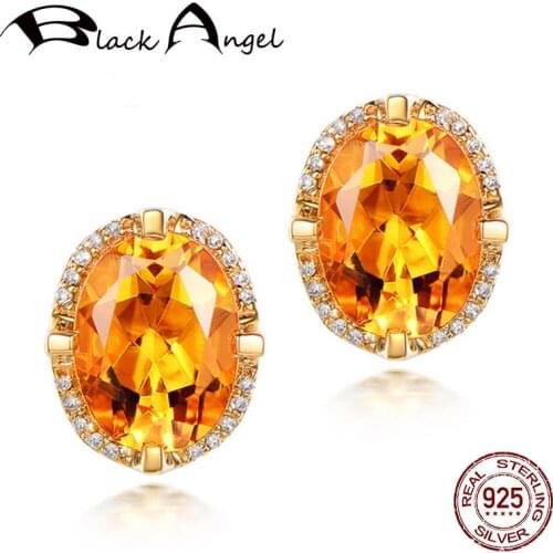 BLACK ANGEL Luxury Citrine Stud Earrings For Women 925 Silver Yellow Gemstone Birthstone Ear Jewelry Dropshipping Wedding Gift