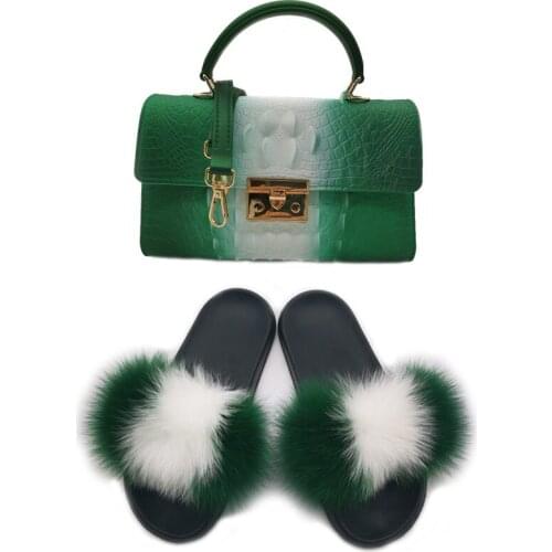 New Women Casual Plush Real Fox Fur Slippers Fashion Shoulder Bag Handbag Ladies Cute Flat Furry Fur Slides Fluffy Fur Shoes