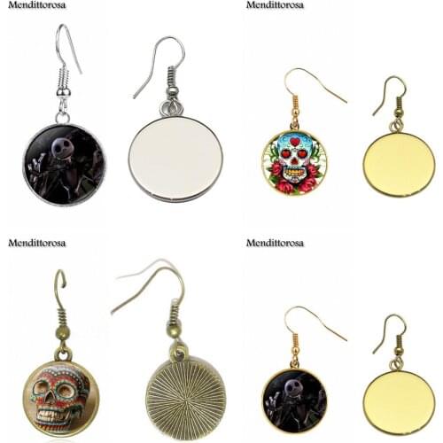 Mendittorosa Skull Glass Cabochon Bronze/Silver/Golden Clip Ear Hook Drop Earrings For Women Girls Handmade Jewelry Customizable