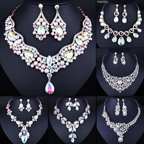 FARLENA Wedding Jewelry Clear Crystal Rhinestones Water Drop Necklace Earrings Set for Women Bride Dubai Sets