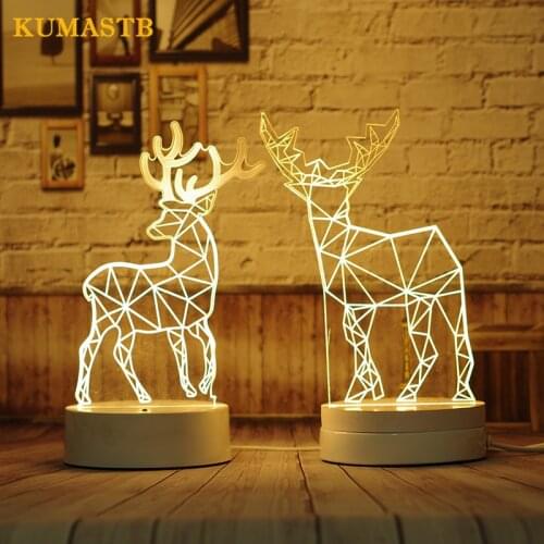 3D Elk Night Light LED Bedside Table Lamp Kids Bedroom Nightlight Lovely Elk Luminaria 3D Sika Deer Night Lamp with Wood Base