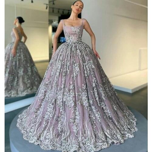 Purple Ball Evening Gowns Lace Silver Appliques Square Neck Women Prom Dress Custom Made Formal Party Vestidos De Fiesta