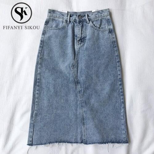 2020 New Women Split High waist Denim Skirt Korean Fashion Casual Mid Long Skirt Female Loose A-Line Jeans Skirts