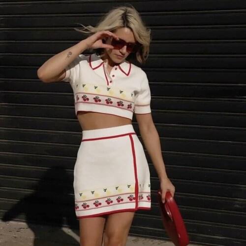Women Cherry Pattern Knitted Dress Suits 2 Pieces Sets Autumn Winter Vintage Party Dress Suits Sexy Knitwear Dress Lady Clothes
