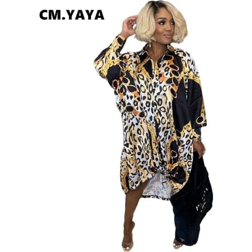 CM.YAYA Women Midi Dress Print Full Sleeve Turn-down Collar Single Breasted Loose Straight Dresses Office Lady Vestidos Autumn
