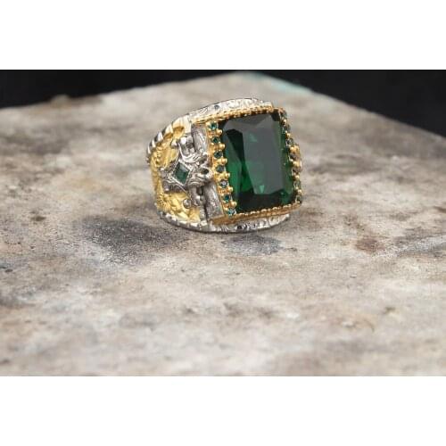 925 Sterling Silver Emerald Gemstone Men Silver Ring, Green Micro Zircon Stone Silver Ring For Men, Vintage Men Ring