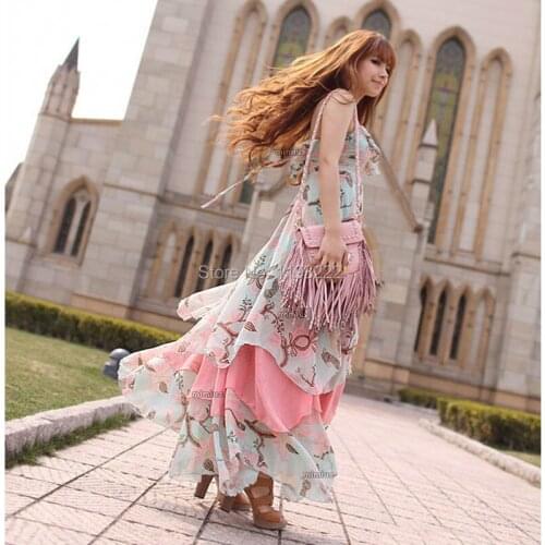 Sexy Kawaii Casual Bohemian Chiffon Girl Spaghetti Strap Ruffled Floral Print Tiered Pleated Draped Long Maxi Party Sun Dress