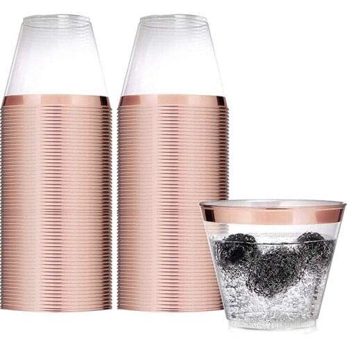 25pcs/lot 9oz Rose golden hot stamping wedding party gold plastic cup disposable for gold birthday prom party tableware decor