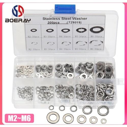 300pcs M2 M3 M4 M5 M6 Stainless Steel Metric Flat Wahser and Spring Split Washer Assortment Kits