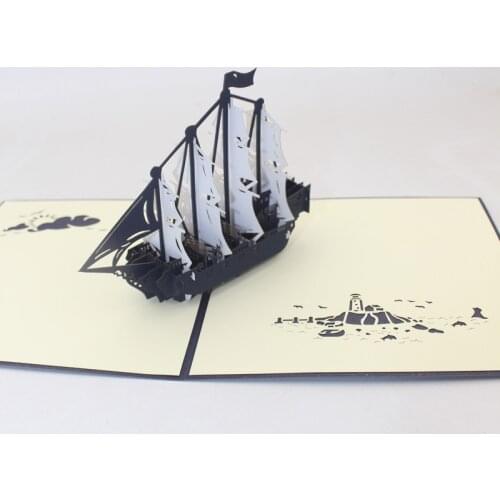 3D Handmade Blue Cover Double Color White Blue Boat Sailing Ship Paper Greeting Cards PostCard Birthday Bussiness Creative Gift
