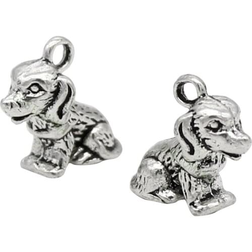 50pcs-Dog Charms Antique Silver 3D Sitting Dog Charm Pendant 13x10x7mm