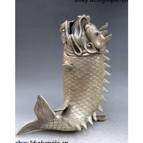 8" China silver carved buddhism fine incense burner Dragonfish censer Statue