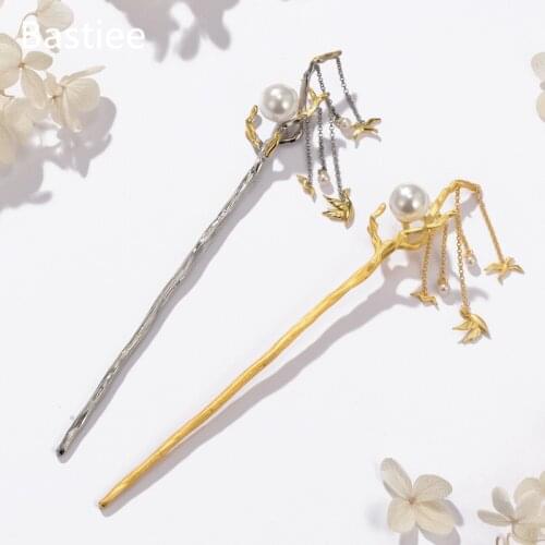 Bastiee Branch 925 Sterling Silver Hair Stick Women Wedding Jewelry Luxury Hairpin Dangle Hair Step Silvery Golden Plated