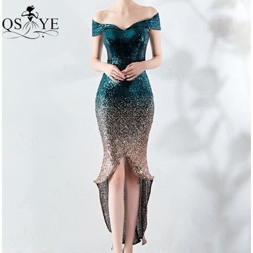 Sparkle Green Short Evening Dresses 2021 Mermaid Side Sleeves Evening Gown Glitter V Neck Split Party Dress Sequin Formal Gown