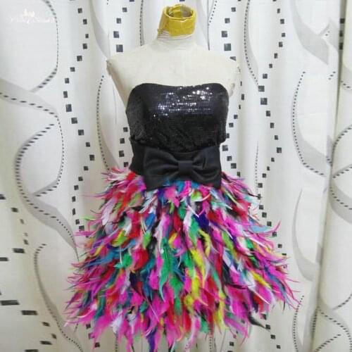 RSE2550 Black Sequin Top Sweetheart Colorful Short Party Dress Feather Cocktail Dresses