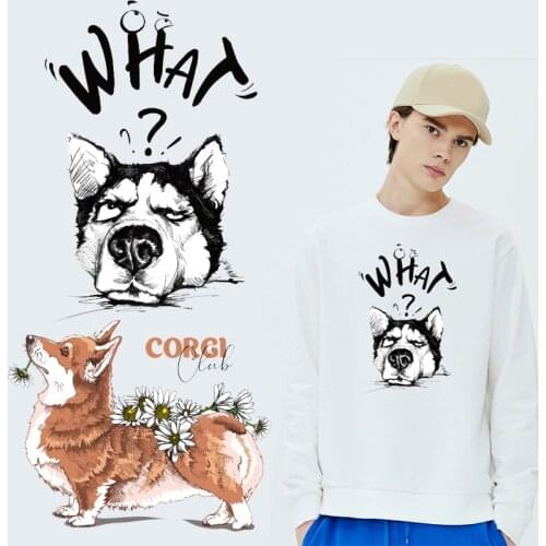 DIY Cartoon Husky dog Patches Cute Corgi Iron On Transfers For Clothes Animal Stickers For T-shirt Stripe Patch Applique Badge