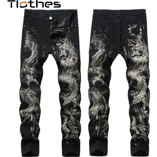 Streetwear Men Jeans Pants Slim Fit Dragon Pattern Denim Pants for Men Black Ripped Jeans Casual Print Denim Pants Men Jeans