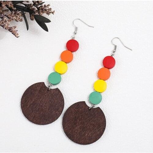 European and American Temperament Advanced Retro Earrings Rainbow Wooden Beads Geometric Stitching Wooden Earrings