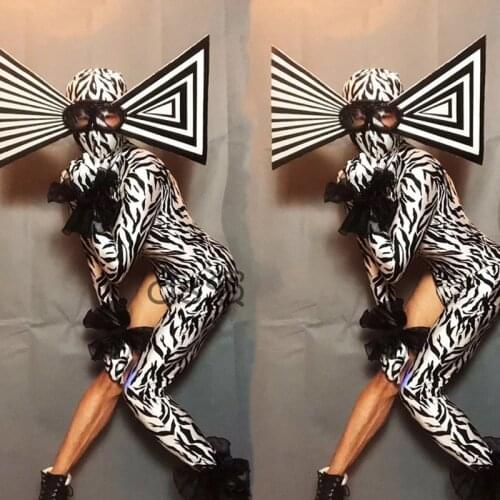 Men And Women Sexy Personality Zebra Jumpsuit Exaggerated Headdress Nightclub Bar Singer Stage Halloween Party Outfit DWY3448