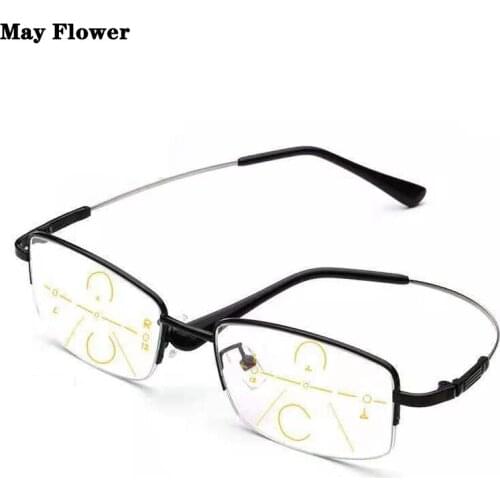 May Flower Titanium Alloy Multifocal Reading Glasses Progressive Half Frame Prescription Eyeglasses Anti-Blue Glass Frame Men +4