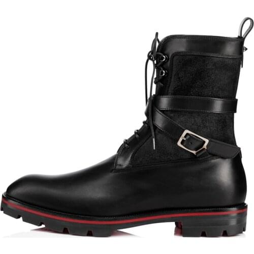 Men Casual Boots Black Suede and Leather Patchwork Lace Up Ankle Men Boots Fashion Belt Cross Shoes Side Zip Low Heel Boots