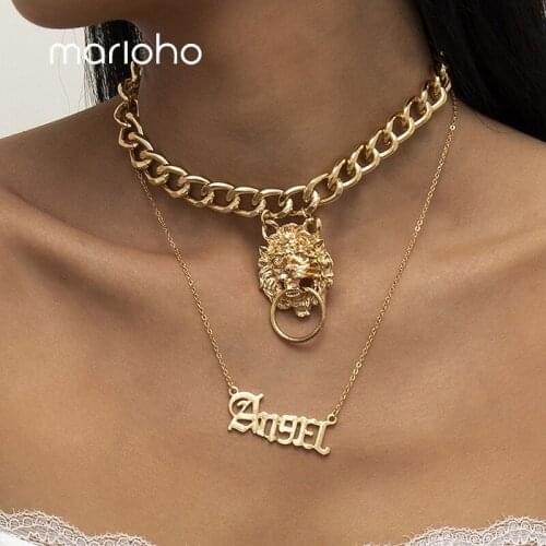 New Fashion Angel letter Lion Pendant Necklace For Women Punk Hip-hop Exaggerated Metal Lion Choker Multi-layer Necklace Jewelry