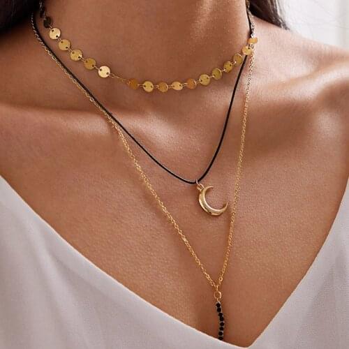 Tocona Charming Moon Pendant Necklace Black Rhinestone Gold Wafer Chain Choker Rope Bohemian Jewelry for Women Gift 10049