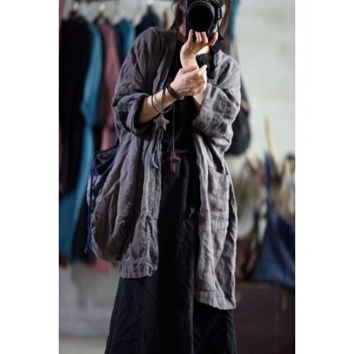 Autumn Women V Neck Long Sleeve Jackets Coat Femme Cotton Linen Cardigan Casual Open Front Outwear Robe Femme Solid Long Coat