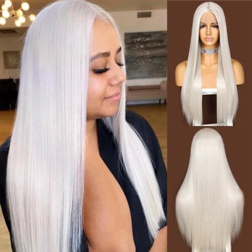 Krismile Lace Front Futura Fiber T-Part Long Straight Synthetic Wig Silver White for Women Party Daily Use High Temperature