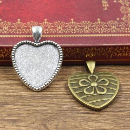 2pcs New 25mm Inner Size Antique Bronze Silver Color Heart Flower Rose Style Cabochon Base Setting Charms Pendant