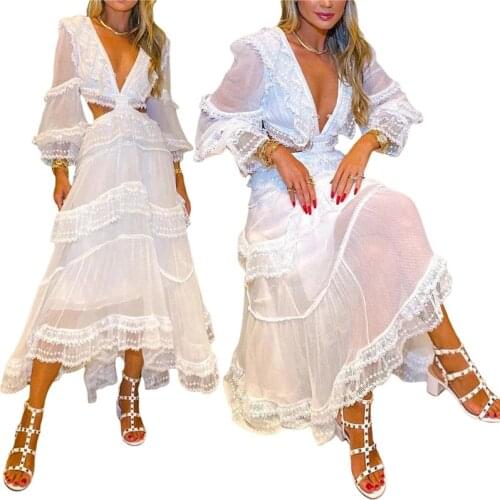 Dresses Woman Summer 2021 White Long-sleeved Dress with Lace Decoration Sexy V-neck Hollow Decoration Midi Dresses Party Clothes