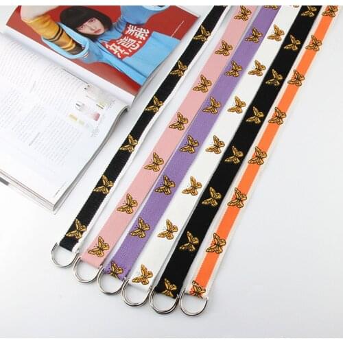 Punk Canvas Women Belts Butterfly Print Casual Waistband Jeans Red D Buckle Female Harajuku Ladies Waist Belt