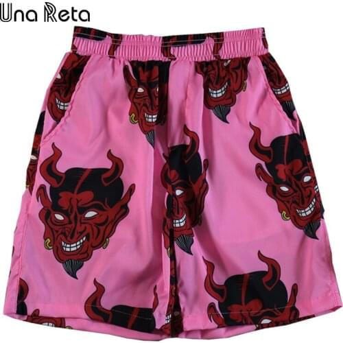Una Reta Men Short Summer Streetwear Elastic Waist Knee Length Pockets Sweatpants Hip Hop Loose Demon print Shorts For Men