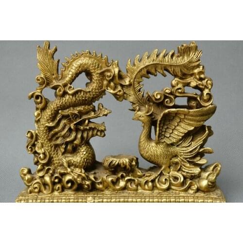 Collect China fengshui old Bronze Dragon Phoenix auspicious lucky wealth Statue