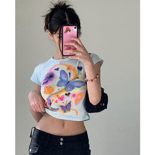 Punk Streetwear Ladies Y2k Mini Blouse Top Short Sleeve Soft White Female Tight Butterfly Printing tops Navel Exposed women 2021