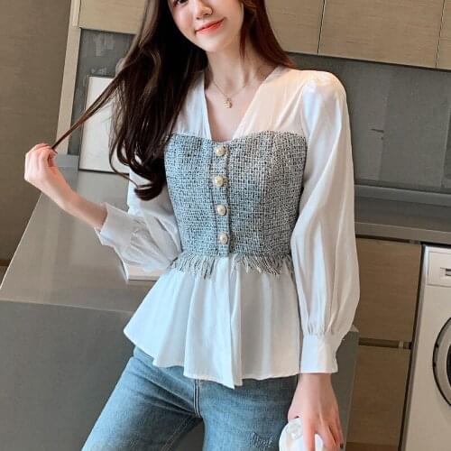 Women Spliced Chiffon Blouse V-Neck Feminina Shirt Plus Size Solid White Long Sleeve Shirt Fashion Office Lady Tops Korean Style