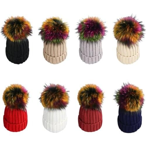 Adult Kids Winter Warm Knitted Ski Beanie Hat with Detachable Colorful Pom Pom F3MF