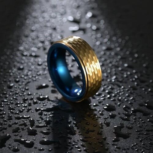 Golden Color Hammer Cover Thick Band Ring Inner Blue Stainless Steel Stylish Jewlery For Mens Daily Wear Finger Accessories