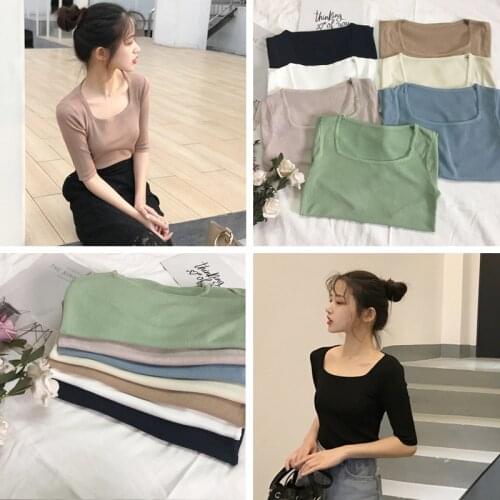 2020 New Fashion Women Shirts Chic Knit Shirts Girls Half Sleeve T-shirts Ribbed Shirts