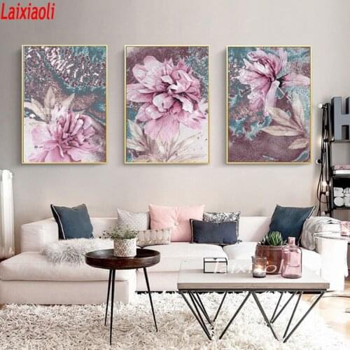 3pcs Full Square round Drill 5D DIY Diamond Painting abstract pink flower painting Embroidery Cross Stitch mosaic Home Decor
