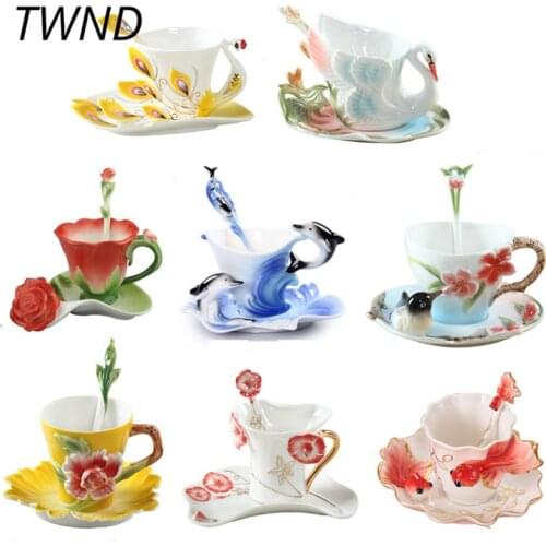 Color Enamel Coffee Mugs Tea Cups With Saucer Spoon Procelain Swan Dolphins Mark Creative Drinkware