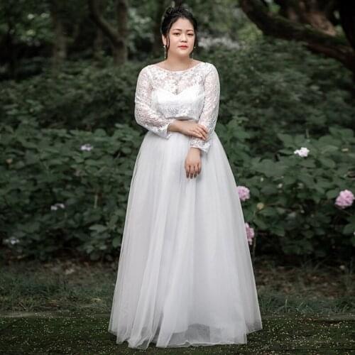 Formal Evening Elegant Dresses White O-Neck Embroidery Full Sleeves Regular Lace Up A-Line Simple Floor-Length Party Dress D071