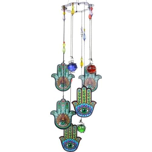 H&D Hamsa Hand Luck Charm Wind Chimes, 15''H Garden Chimes Suncatcher,Metal Glass Decor for Home Garden Decoration (Hands)