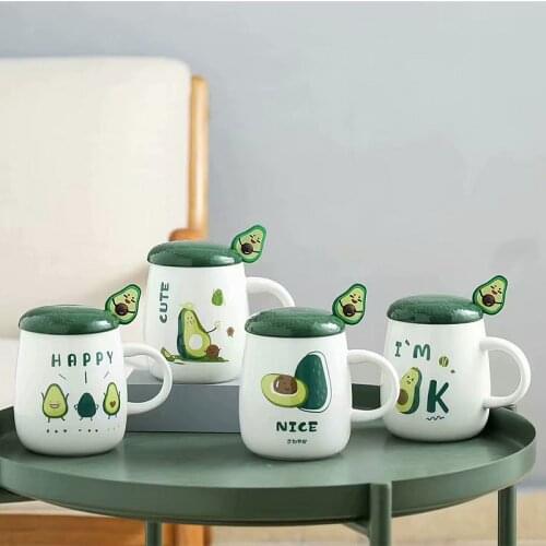 Avocado Ceramic Coffee Mug With Cover Lid and Spoon