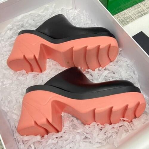 Round Toe Thick Sole Mules Designer Brand Fashion Color Runway Slippers Summer Dress Slides Womens High Heel Platform Slides