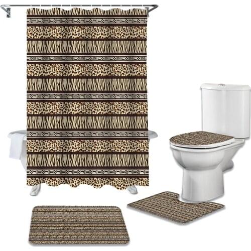 Bathroom Shower Curtain and Rug Sets Animal Skin Patchwork Leopard Color Toilet Lid Cover Bath Mat Waterproof Shower Curtain Set